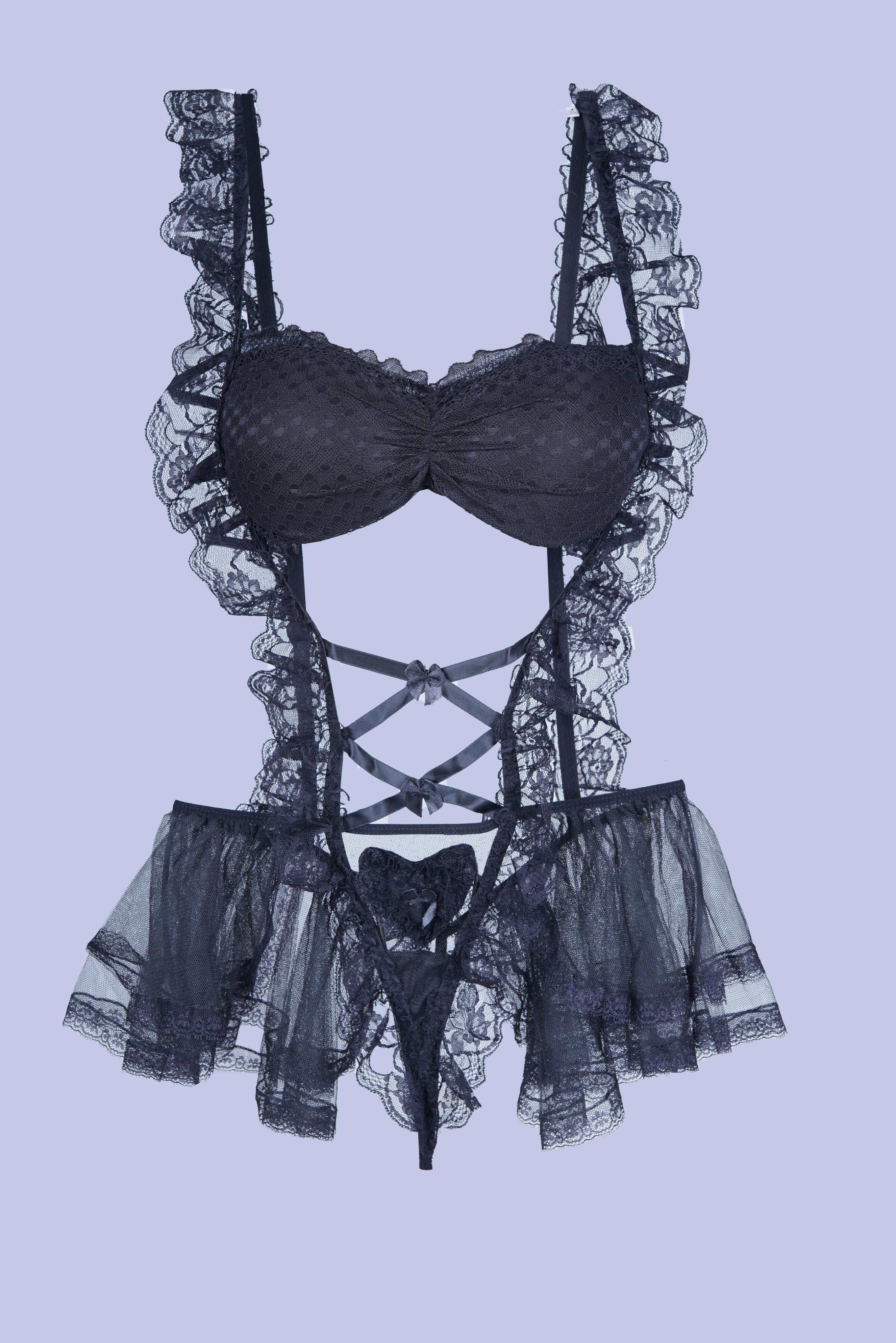 AXTZH One-piece lace bodysuit nightwear designed for a flattering, elegant look X8464-BLACK-BS1P