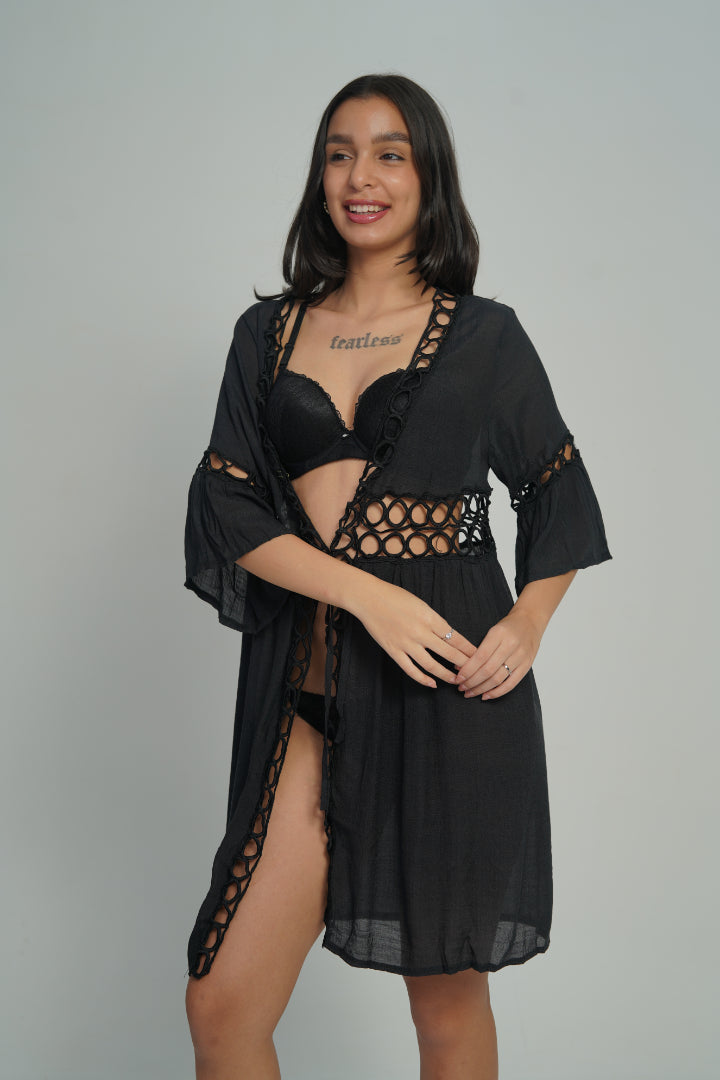 AXTZH Cutwork Tie-Up Beach Cover-Up SARONG X0630-BLACK-SNGA2