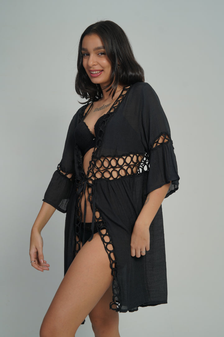 AXTZH Cutwork Tie-Up Beach Cover-Up SARONG X0630-BLACK-SNGA2