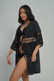 AXTZH Cutwork Tie-Up Beach Cover-Up SARONG X0630-BLACK-SNGA2