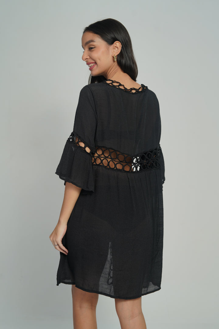 AXTZH Cutwork Tie-Up Beach Cover-Up SARONG X0630-BLACK-SNGA2