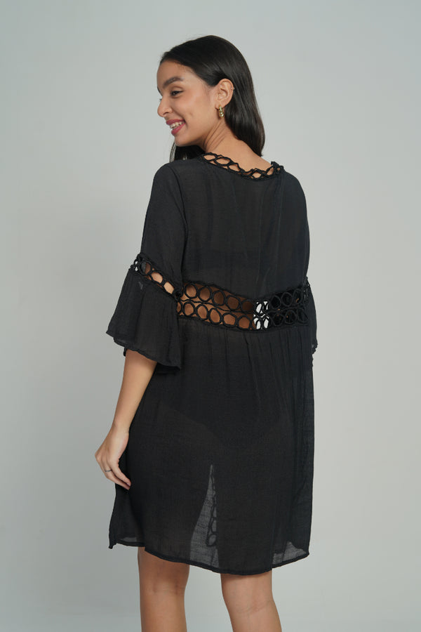 AXTZH Cutwork Tie-Up Beach Cover-Up SARONG X0630-BLACK-SNGA2