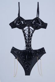 AXTZH Women’s One-Piece Exotic Nightwear with Strappy Design and Bold Details X0062-BLACK-BS1P