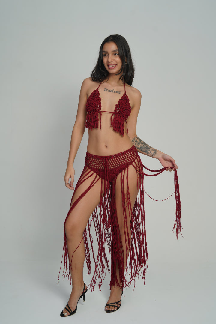 AXTZH Crochet Fringe 2-Piece BEACH WEARX0381-SCARLET-BW2PF