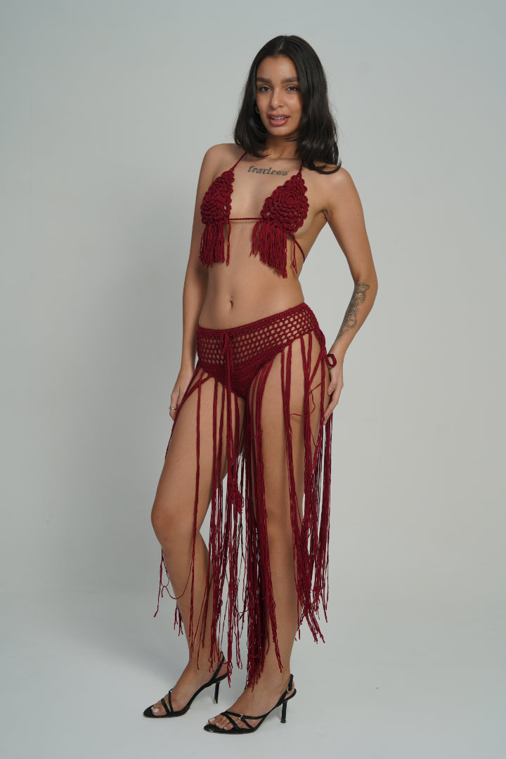 AXTZH Crochet Fringe 2-Piece BEACH WEARX0381-SCARLET-BW2PF