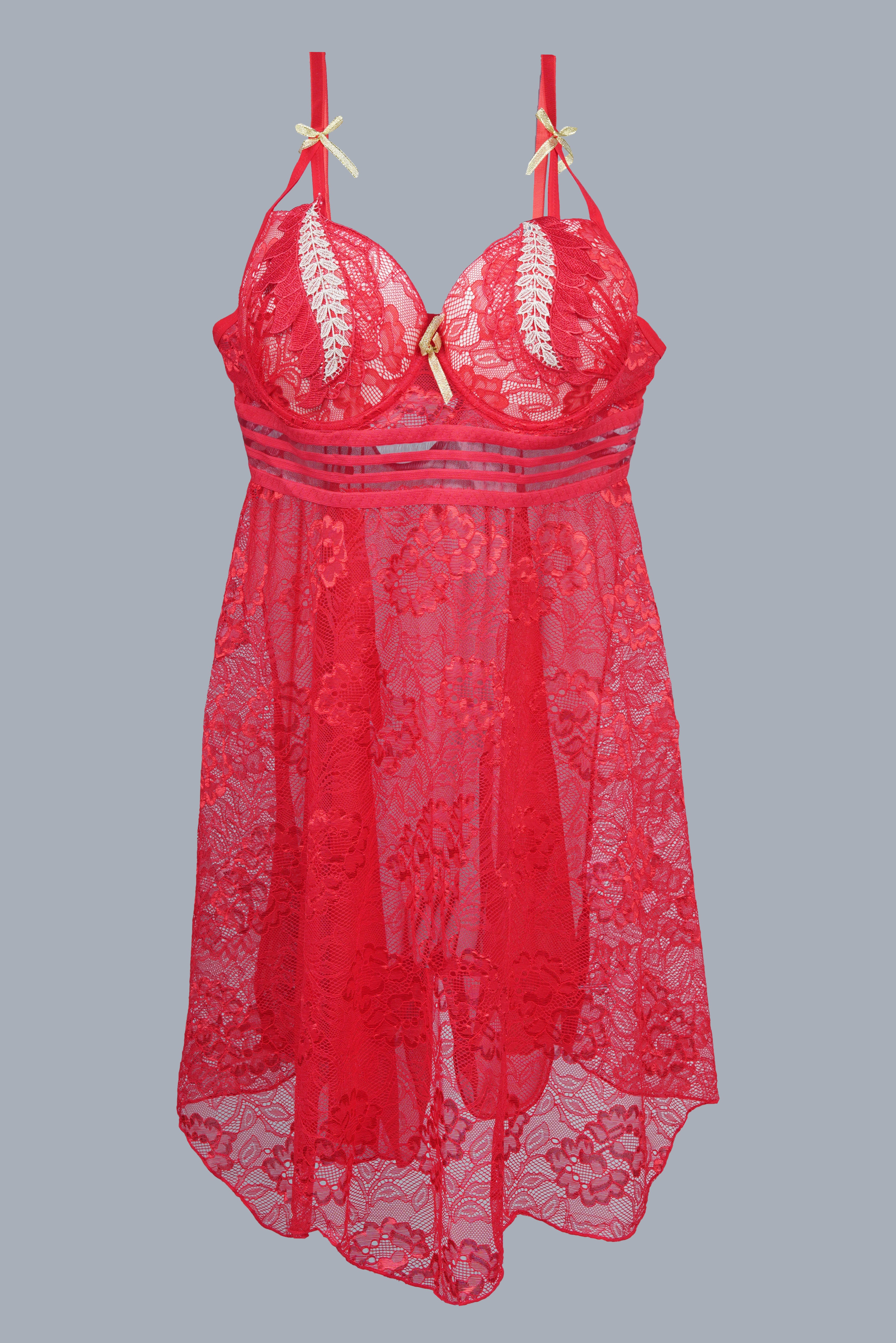 AXTZH 2-Piece Sexy Nightwear for Women with Sheer Lace Design and Elegant Detailing X3009-SCARLET-F1N