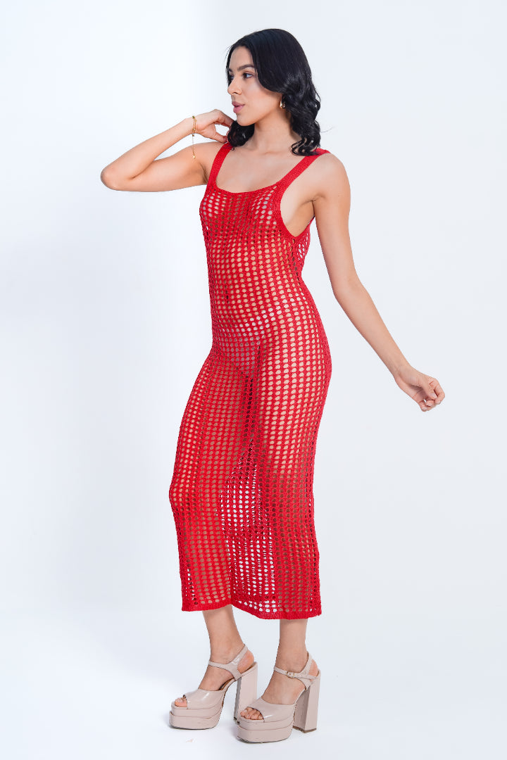 AXTZH Drift Net One-Piece Beach Dress X4614-RED-SNGB1