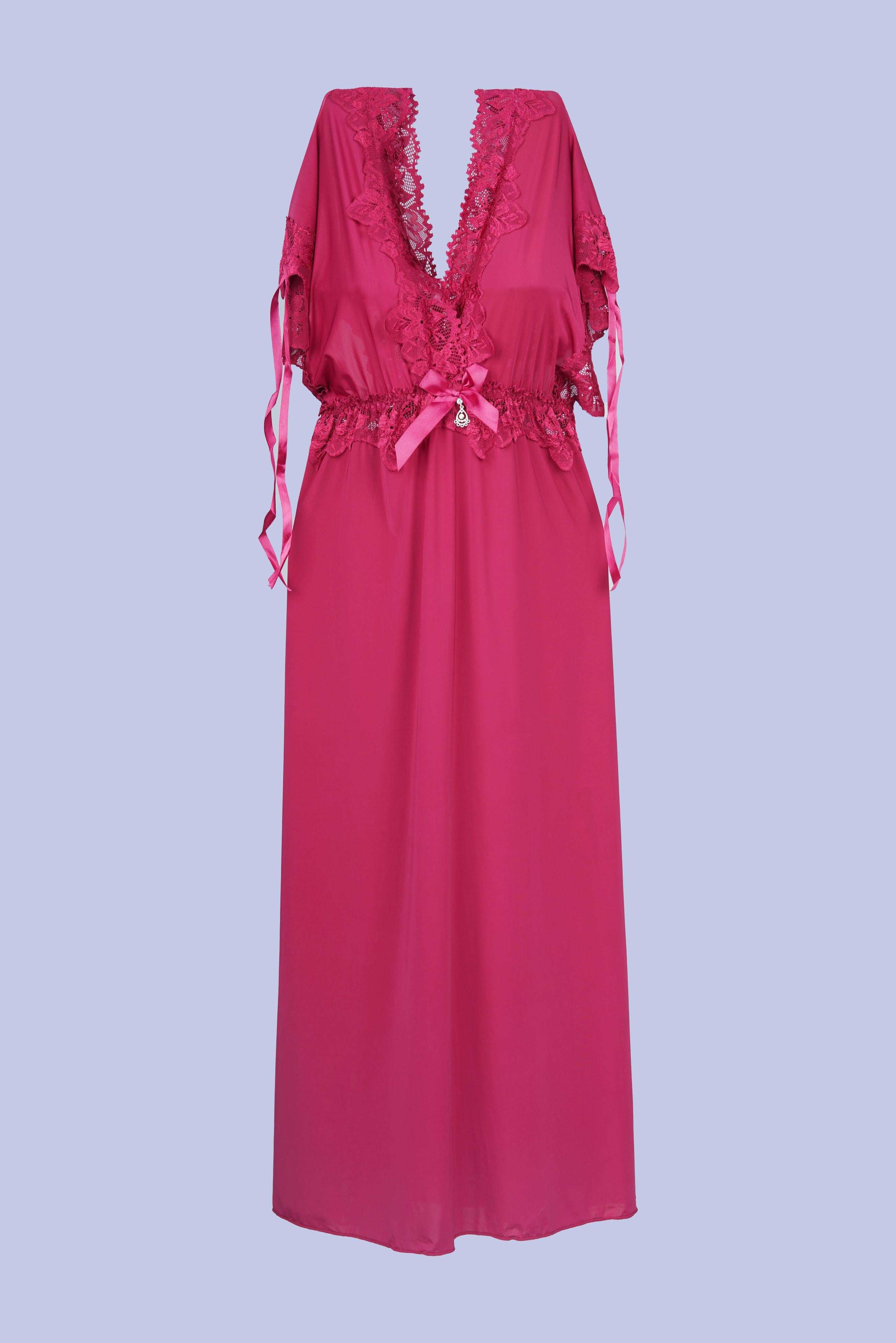 AXTZH Elegant Long Nightwear for Women with Delicate Lace Detailing and Flowing Silhouette X2501-MERLOT-F2M