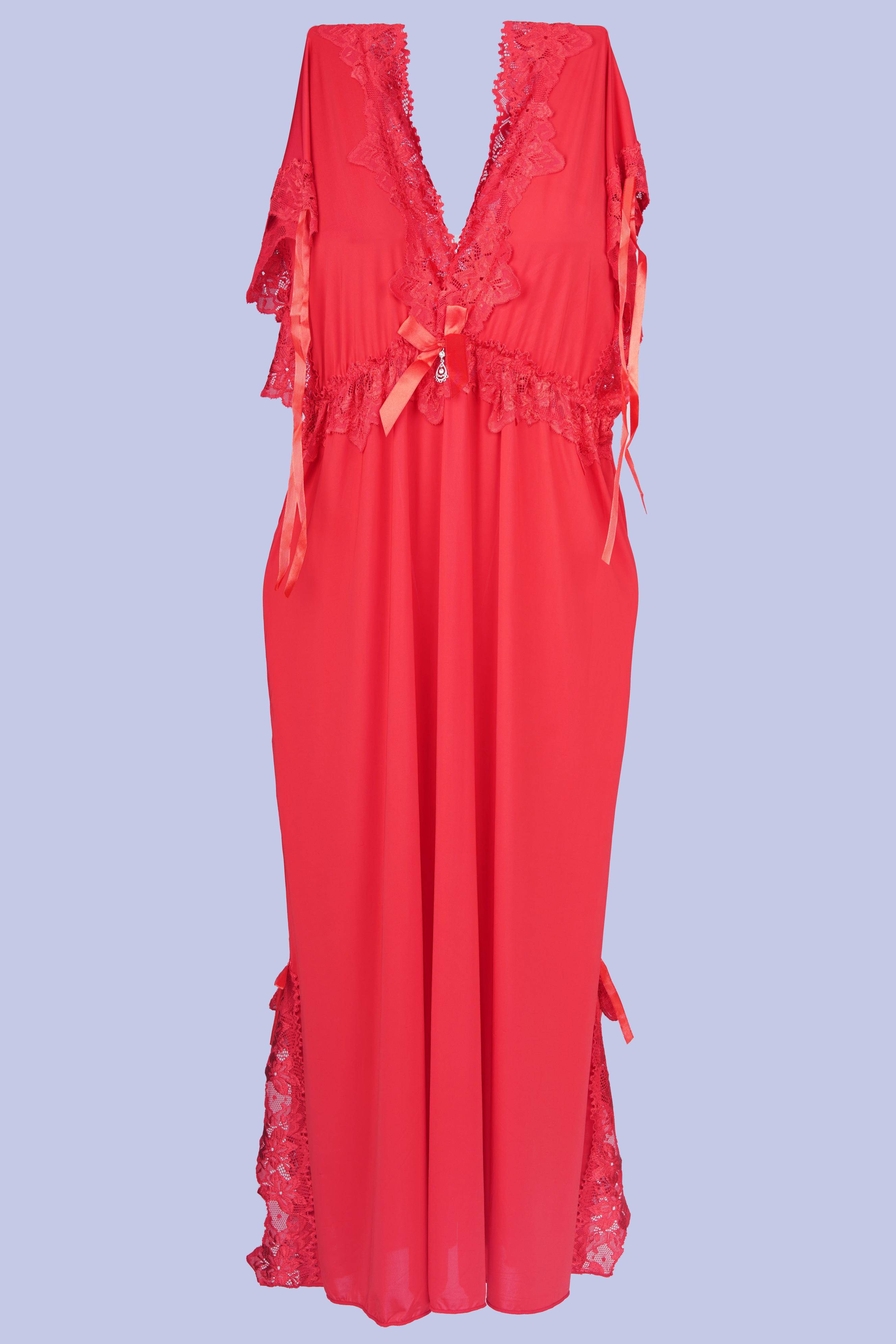 AXTZH Elegant Long Nightwear for Women with Delicate Lace Detailing and Flowing Silhouette X2501-RED-F2M
