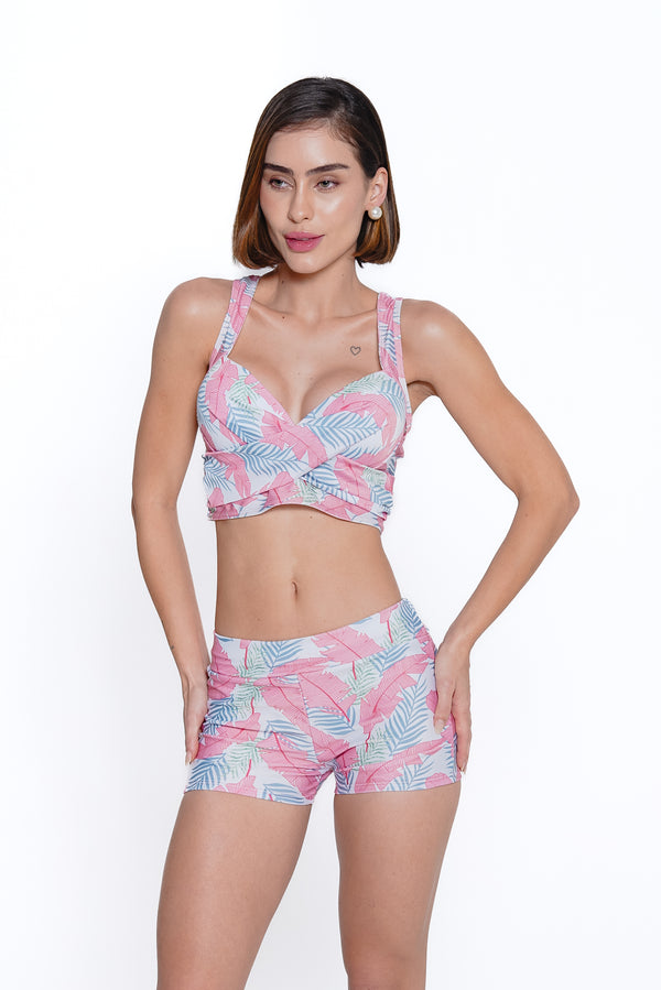 AXTZH Cross-Front Bralette & Shorts Swimwear Set X3026-PINPR-3PS