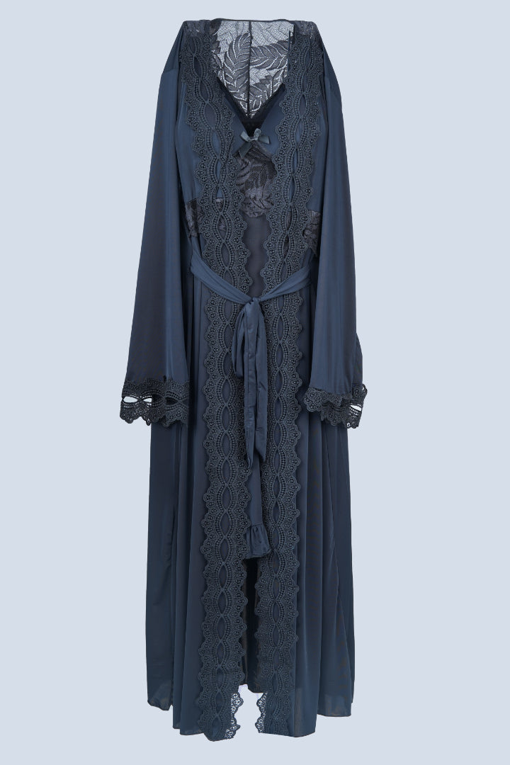 AXTZH Graceful Two-Piece Women’s Nightwear Set with Sheer Sleeves and Embroidered Detailing X3037-BLACK-F22M