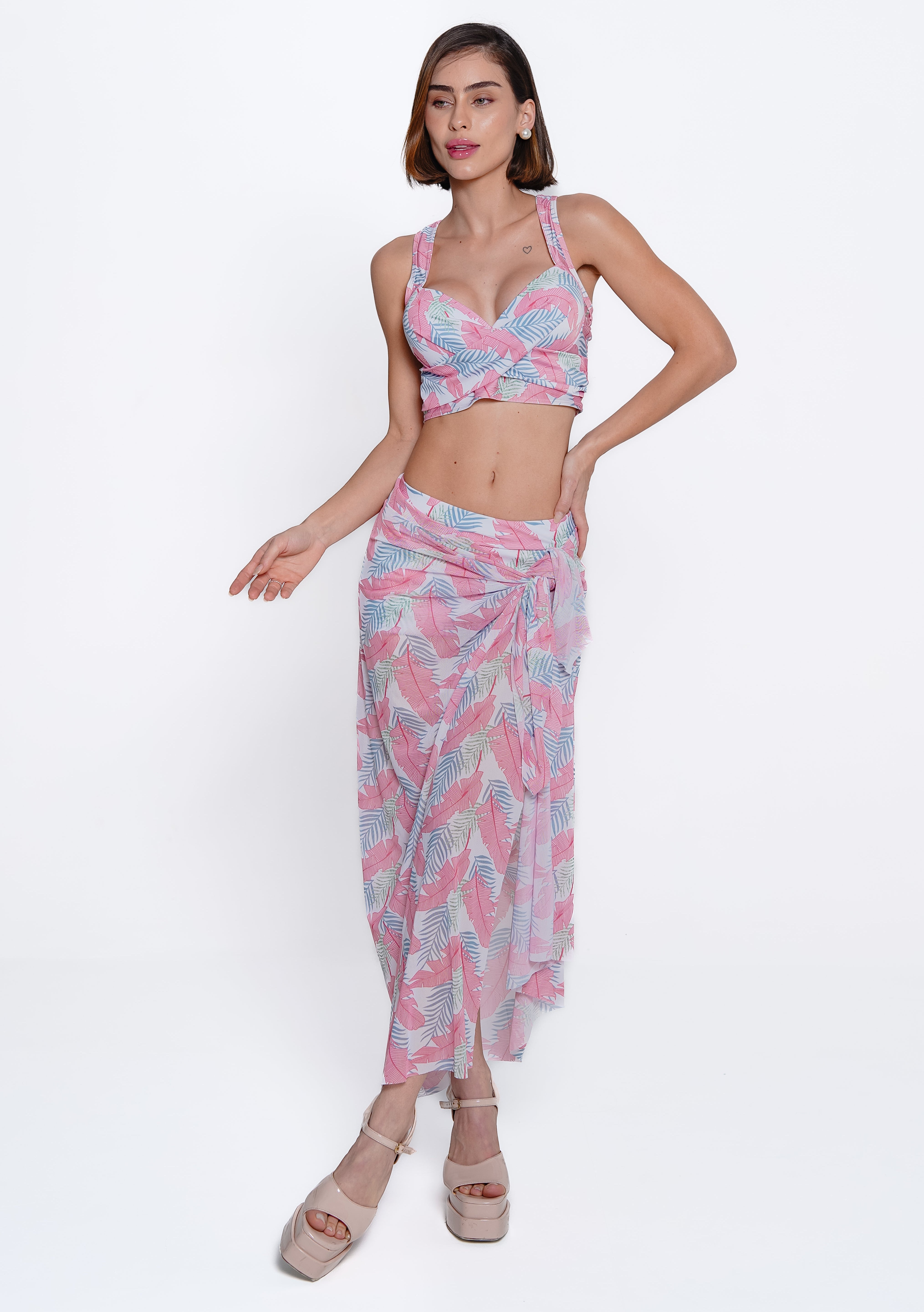 AXTZH Cross-Front Bralette & Shorts Swimwear Set X3026-PINPR-3PS