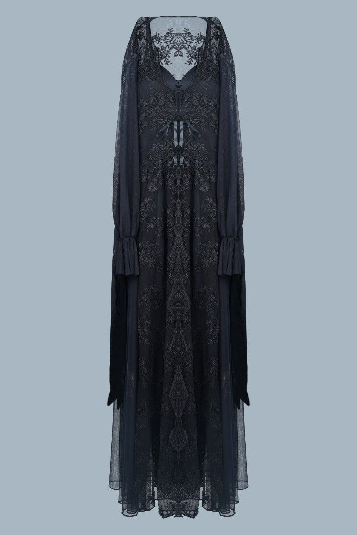 AXTZH Two-Piece Nightwear Set for Women with Elegant Robe and Inner Slip Dress X3009-BLACK-F22S