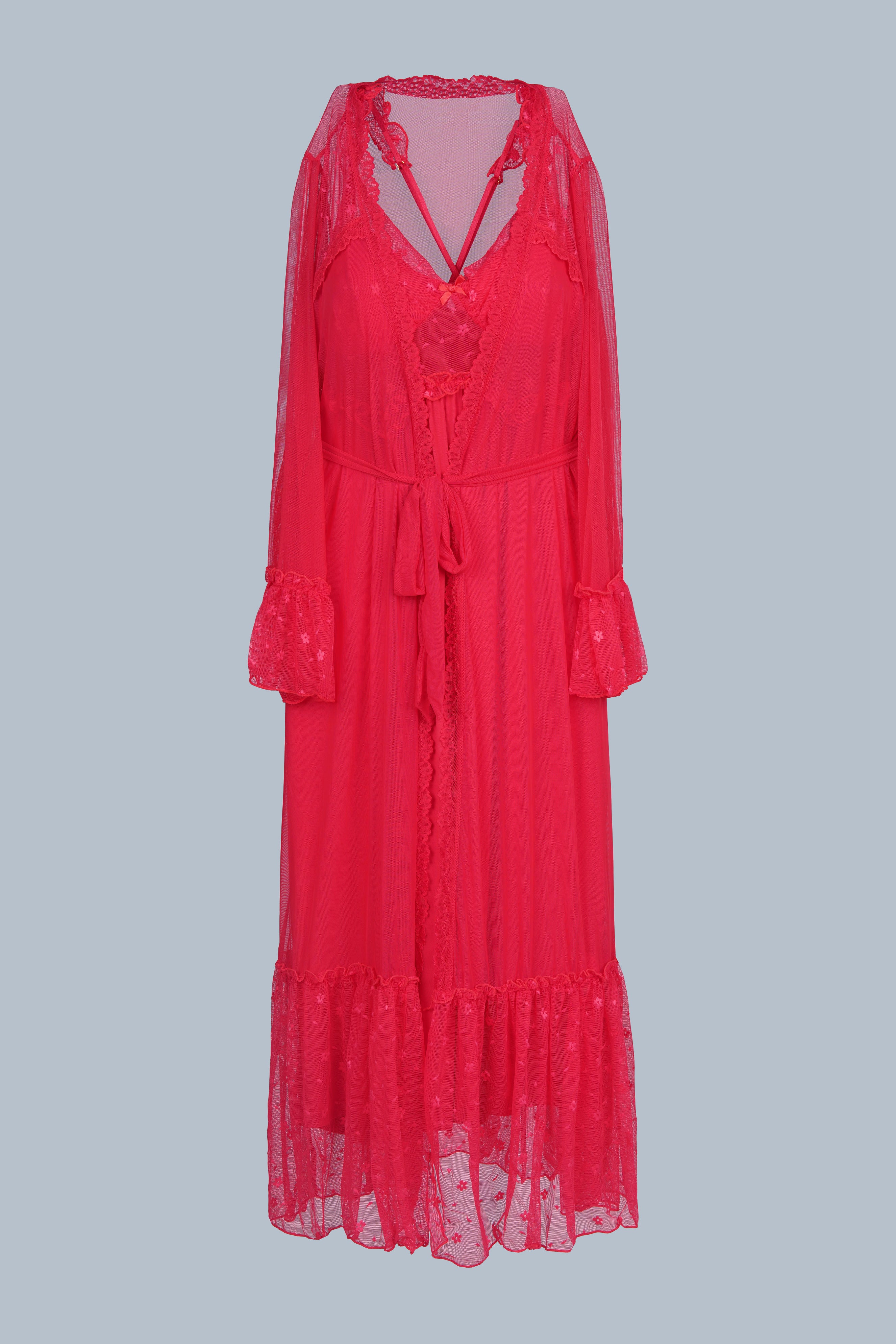 AXTZH Luxurious Women’s Nightwear Ensemble Featuring Long Robe and Inner Slip X0310-CRIMSON-F22MO