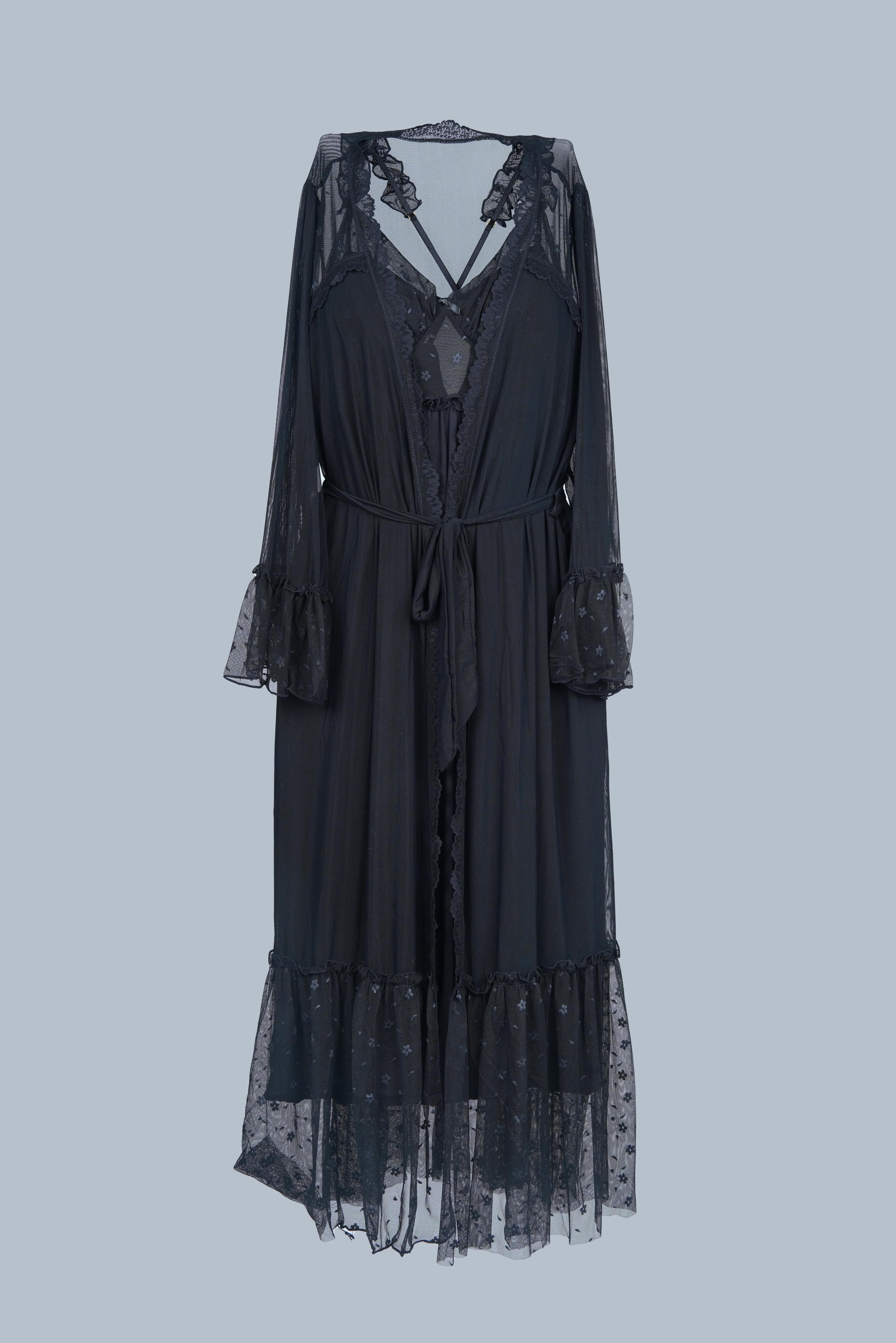 AXTZH Luxurious Women’s Nightwear Ensemble Featuring Long Robe and Inner Slip X0310-BLACK-F22MO
