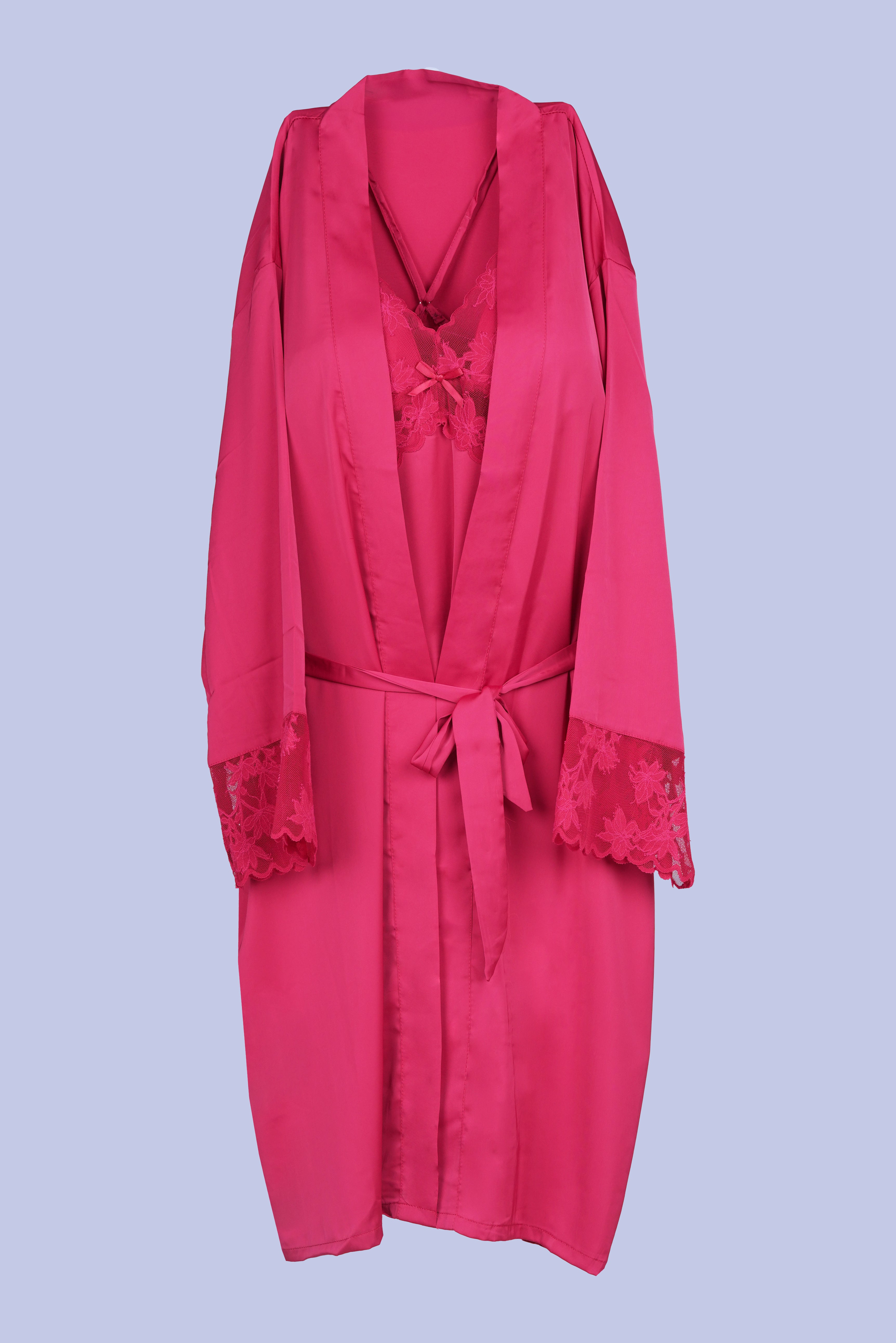 AXTZH Two-Piece Nightwear Set with Elegant Lace-Trimmed Robe and Matching Slip Dress for Women X2501-SCARLET-F11S