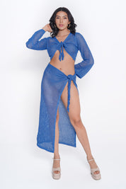 AXTZH Sheer Tie-Front Crop & Wrap Skirt Beachwear Set X2536-DBLUE-BW2PF