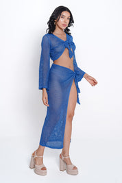 AXTZH Sheer Tie-Front Crop & Wrap Skirt Beachwear Set X2536-DBLUE-BW2PF