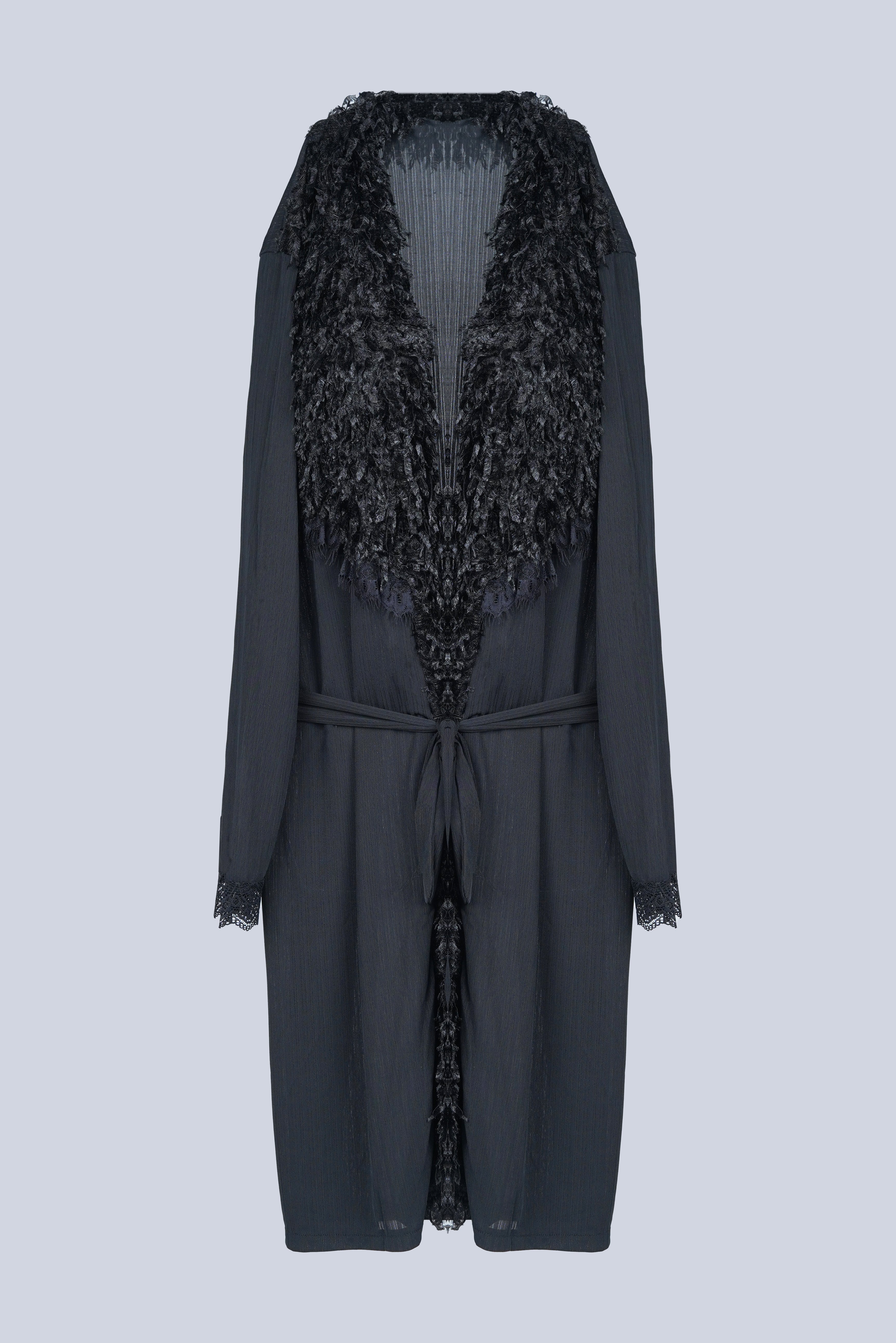 AXTZH One-Piece Sexy Nightwear for Women with Deep Neckline and Delicate Fringe Detailing X8808-BLACK-H1L