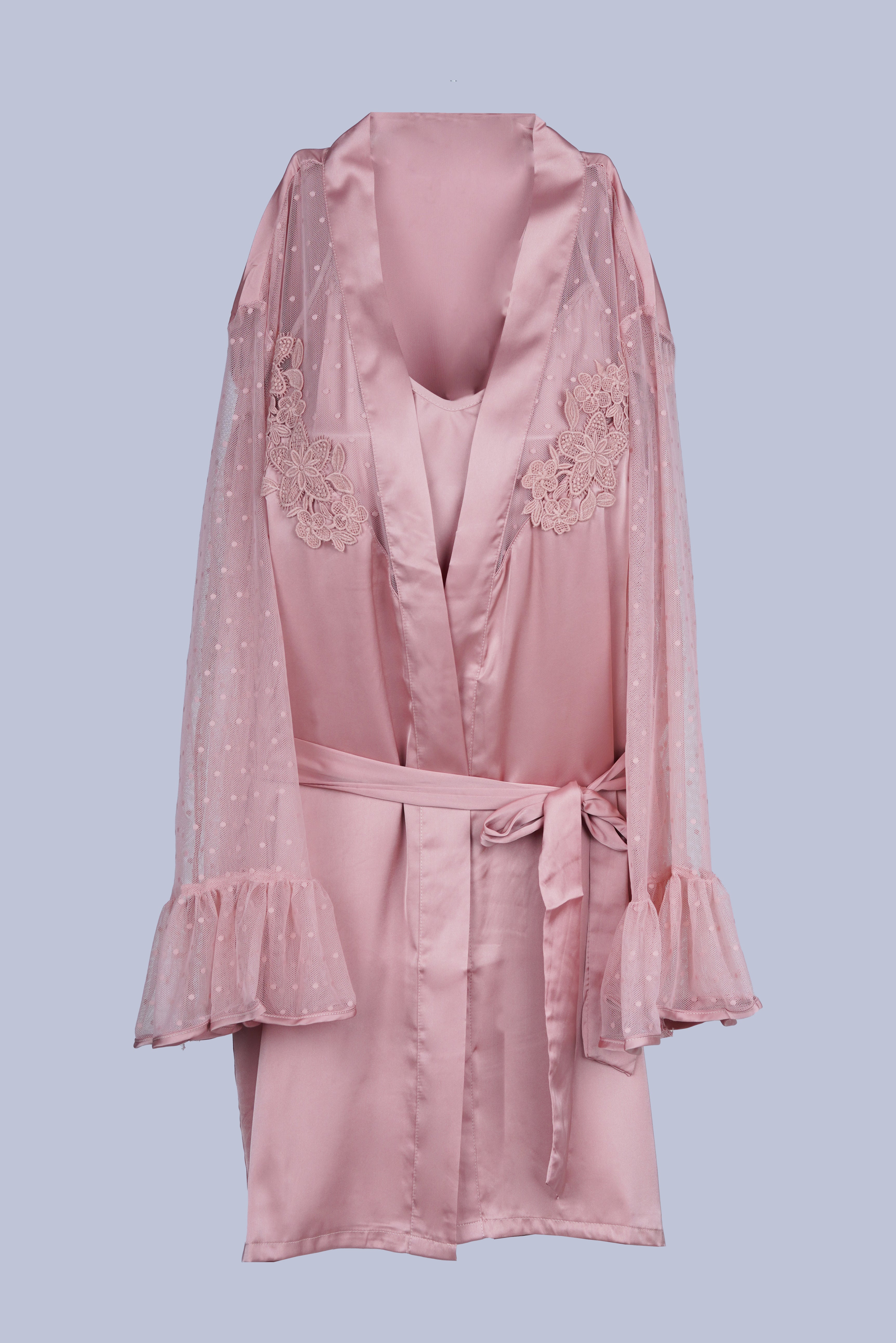 AXTZH Luxurious Women’s Nightwear Set with Lace-Trimmed Robe, Inner Top, and Matching Bottoms X2168-BLUSH-NSL3PS