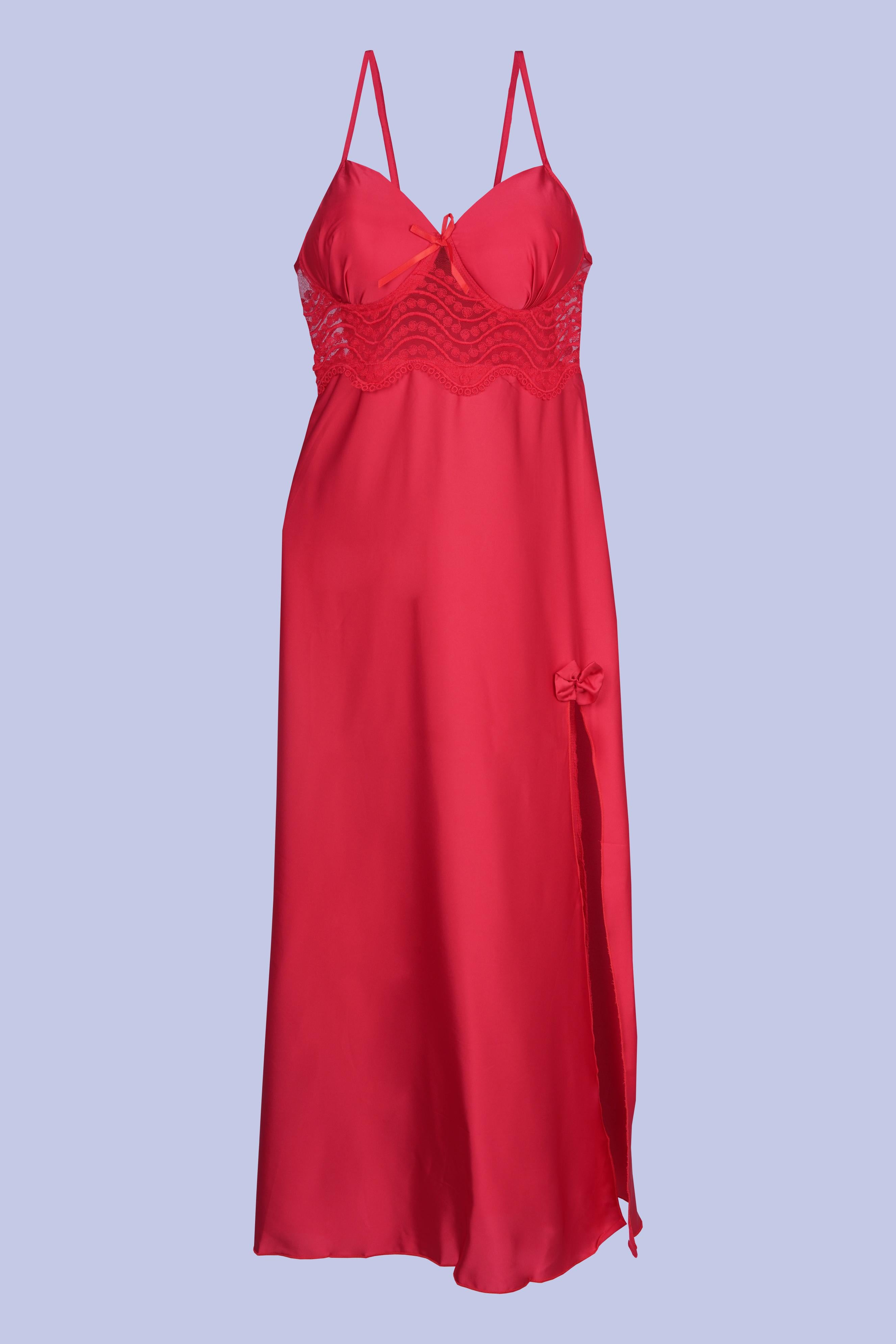 AXTZH Elegant Nightwear for Women with Flowing Robe and Matching Inner Slip Dress X5100-CRIMSON-F22S