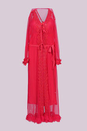 AXTZH Elegant Nightwear for Women with Flowing Robe and Matching Inner Slip Dress X5100-CRIMSON-F22S