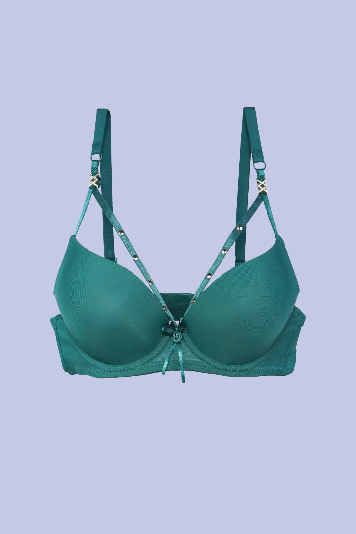 AXTZH Strappy Plunge Bra with Underwire Support and Statement Front Detailing AB2802-PINE-DP201
