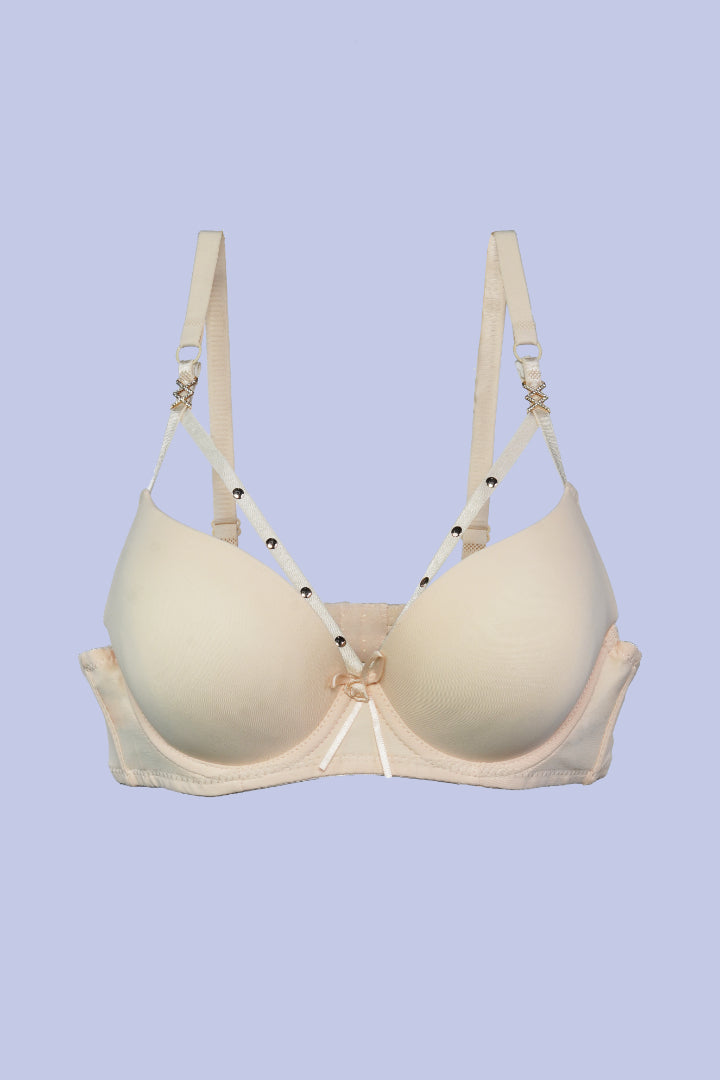 AXTZH Strappy Plunge Bra with Underwire Support and Statement Front Detailing AB2802-PSKIN-DP201