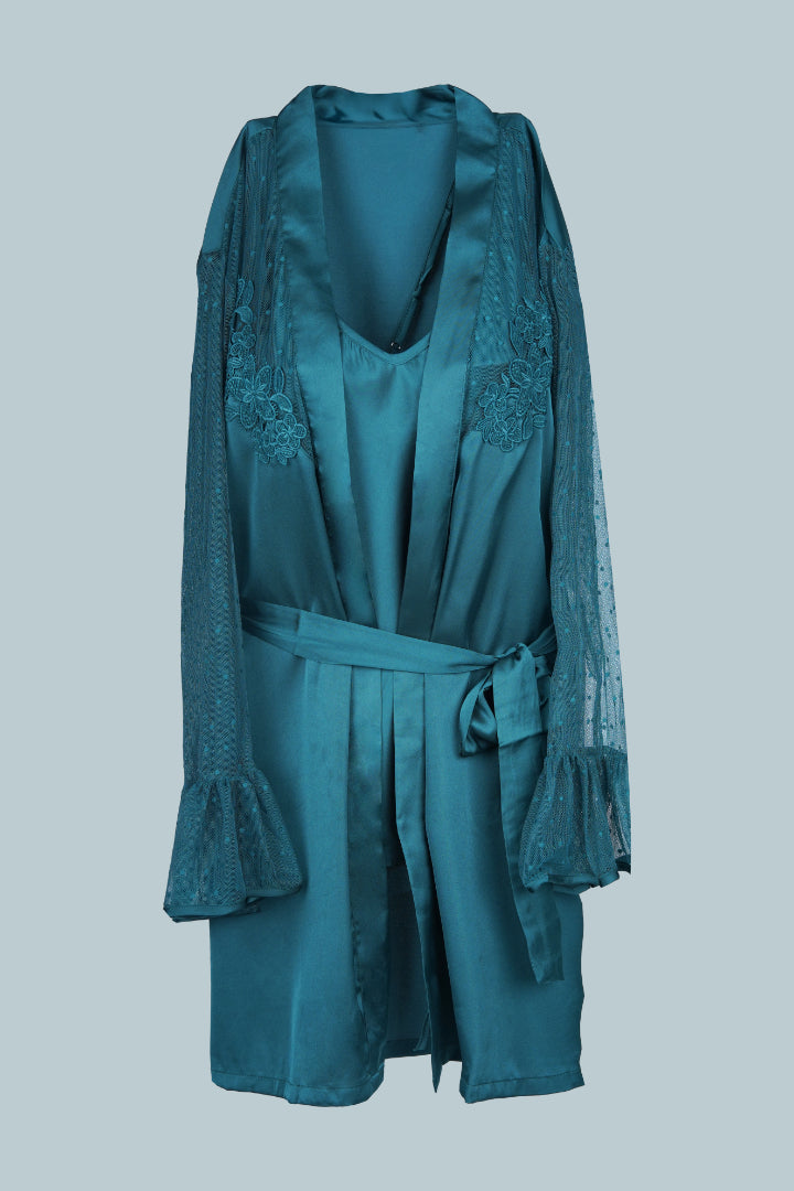 AXTZH Luxurious Women’s Nightwear Set with Lace-Trimmed Robe, Inner Top, and Matching Bottoms X2168-BGREEN-NSL3PS