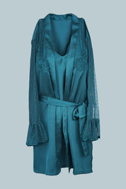 AXTZH Luxurious Women’s Nightwear Set with Lace-Trimmed Robe, Inner Top, and Matching Bottoms X2168-BGREEN-NSL3PS