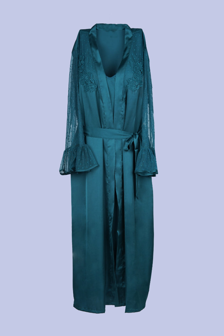 AXTZH Two-Piece Nightwear for Women with Full-Length Sheer Robe and Inner Dress X2168-BGREEN-F22S