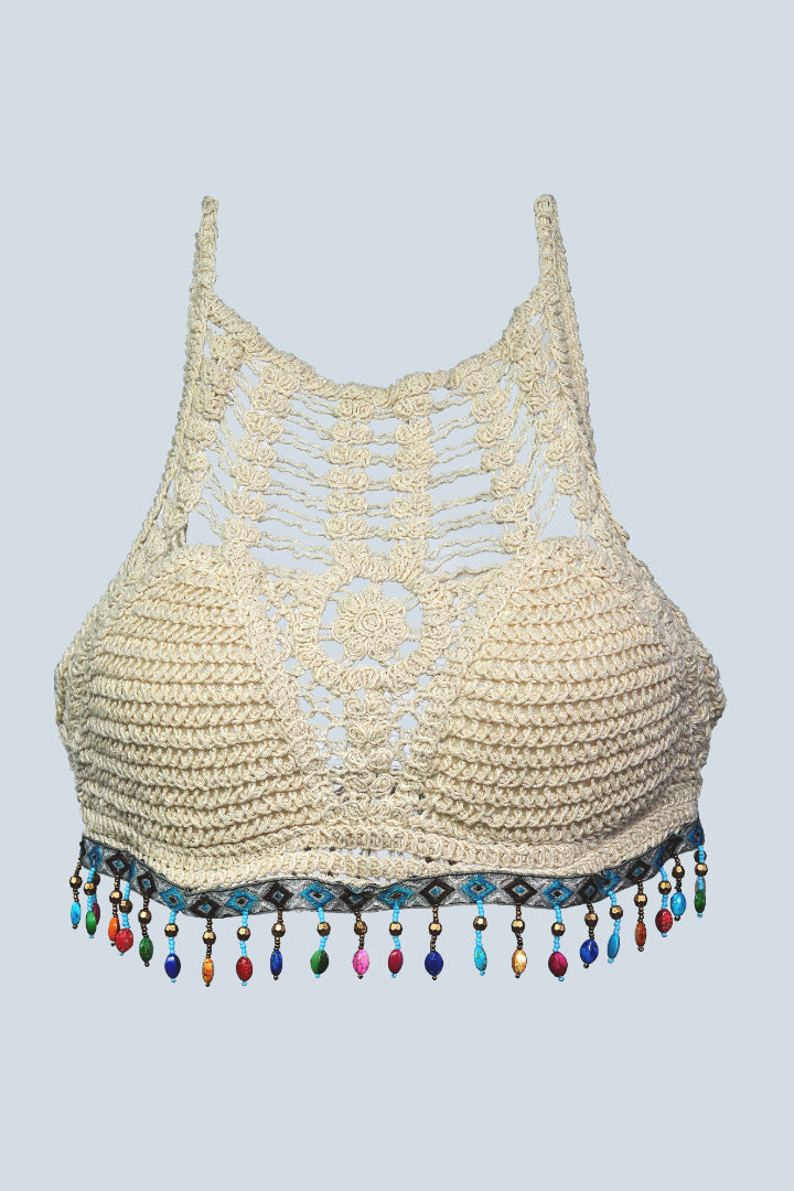 AXTZH Women’s Stylish Crochet Beachwear Crop Top with High Neck and Beaded Tassel Trim X0169-BEIGE6-BW1PBL