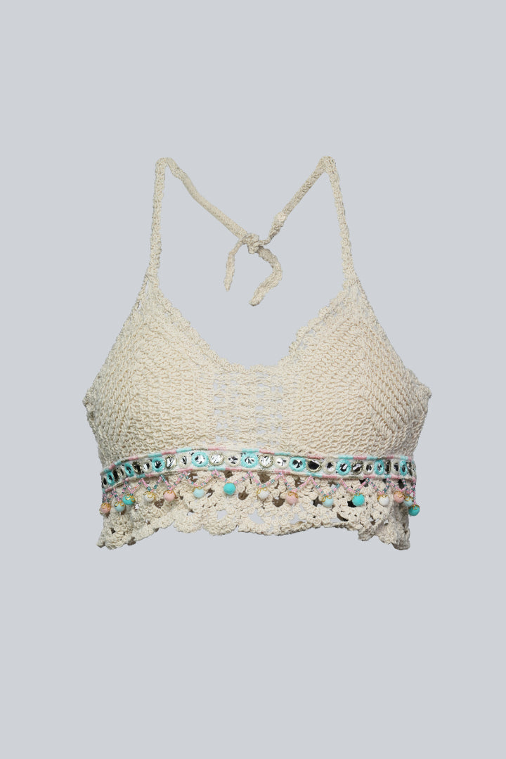 AXTZH Women’s Stylish Crochet-Inspired Beachwear Top with Deep Neckline and Decorative Hem X0169-BEIGE9-BW1PBL