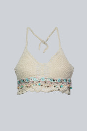 AXTZH Women’s Stylish Crochet-Inspired Beachwear Top with Deep Neckline and Decorative Hem X0169-BEIGE9-BW1PBL