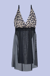 AXTZH Bold Two-Piece Women’s Nightwear Set with Sheer Robe and Matching Inner Dress X8801-BLKLEO-F11N