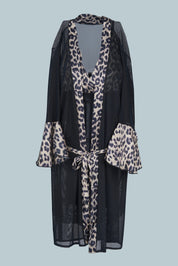 AXTZH Bold Two-Piece Women’s Nightwear Set with Sheer Robe and Matching Inner Dress X8801-BLKLEO-F11N