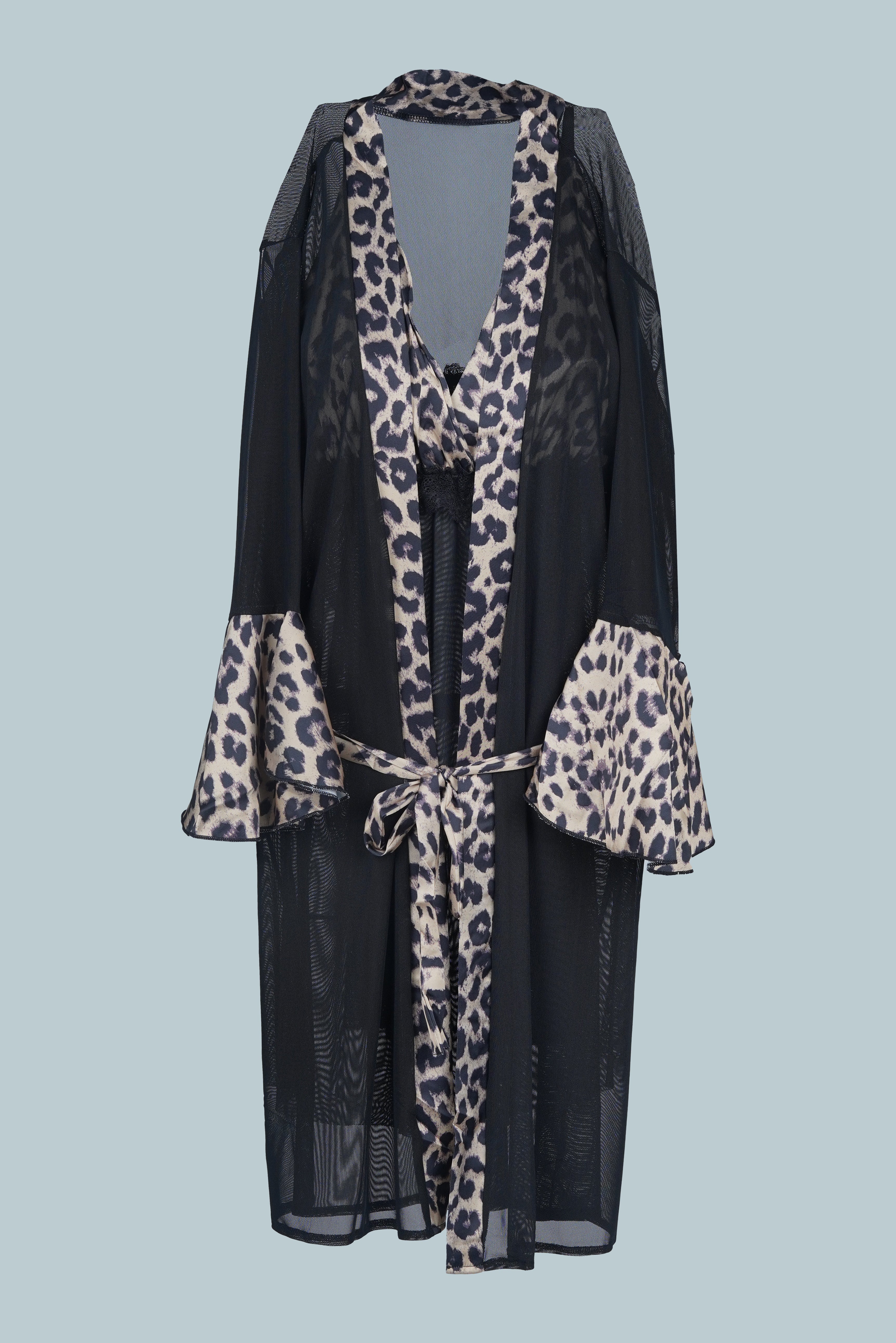 AXTZH Bold Two-Piece Women’s Nightwear Set with Sheer Robe and Matching Inner Dress X8801-BLKLEO-F11N