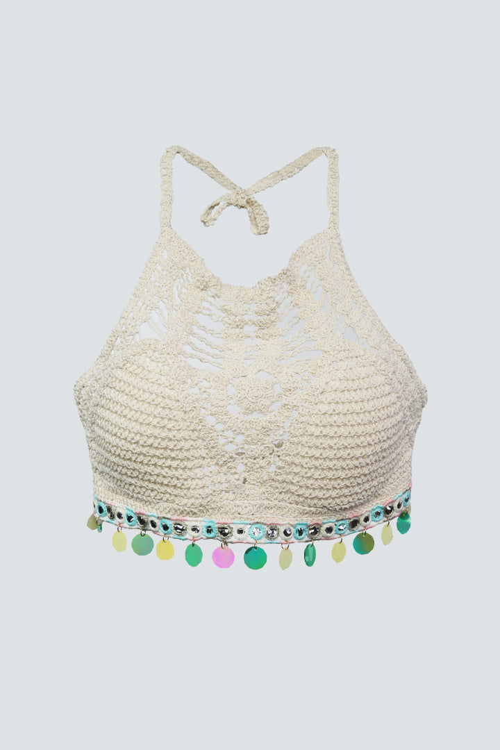 AXTZH Women’s Stylish Crochet Beachwear Crop Top with High Neck and Statement Hemline X0169-BEIGE8-BW1PBL