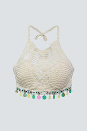 AXTZH Women’s Stylish Crochet Beachwear Crop Top with High Neck and Statement Hemline X0169-BEIGE8-BW1PBL