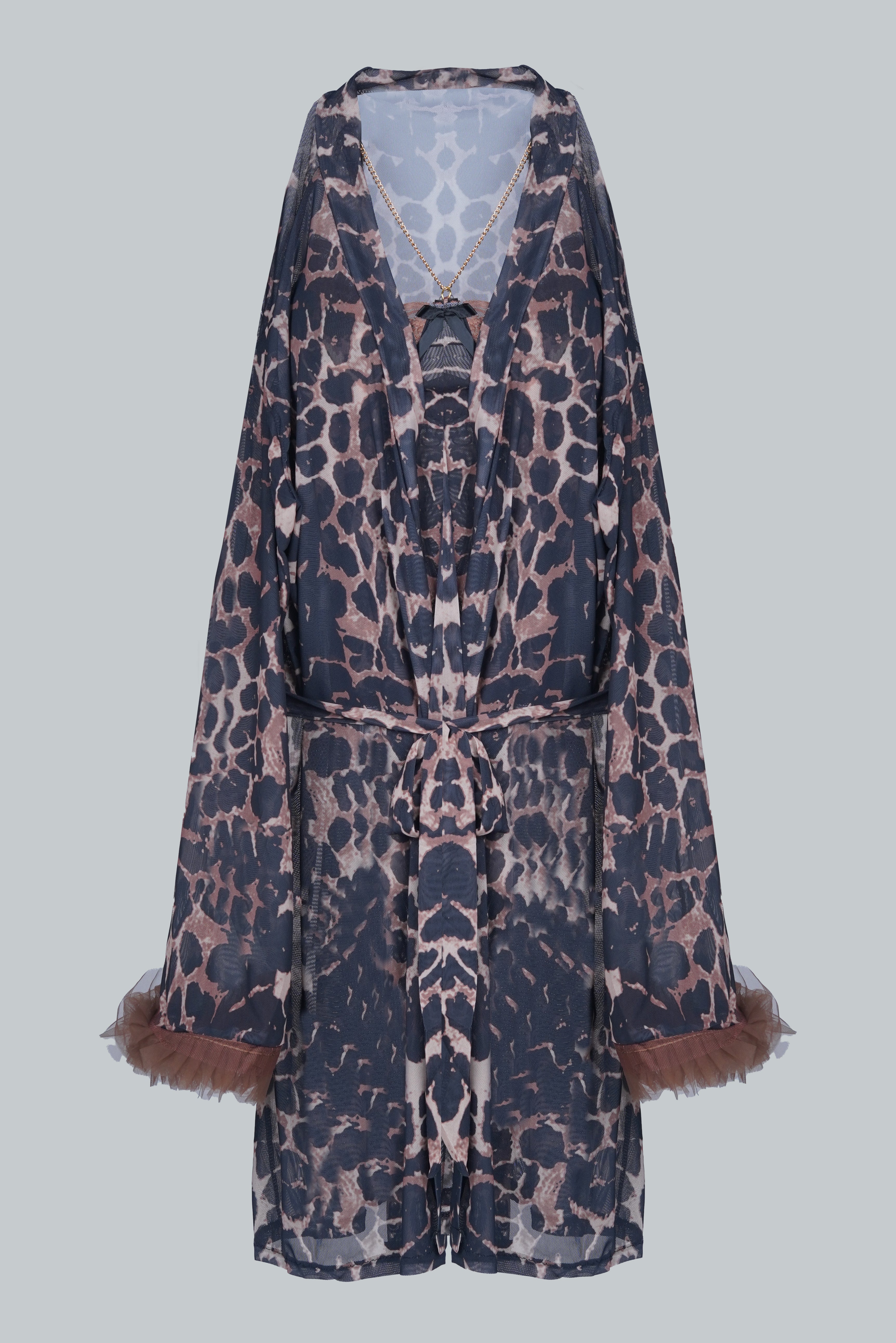 AXTZH Luxurious Three-Piece Winter Nightwear Set for Women with Sheer Robe, Delicate Innerwear, and Chic Details X2334-LEOPR-NSS3PN