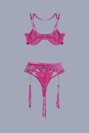 AXTZH Seductive 3-Piece Nightwear Set with Bra, Panty, and Garter Belt for an Alluring Look X0017-FUCHSIA-BS3P