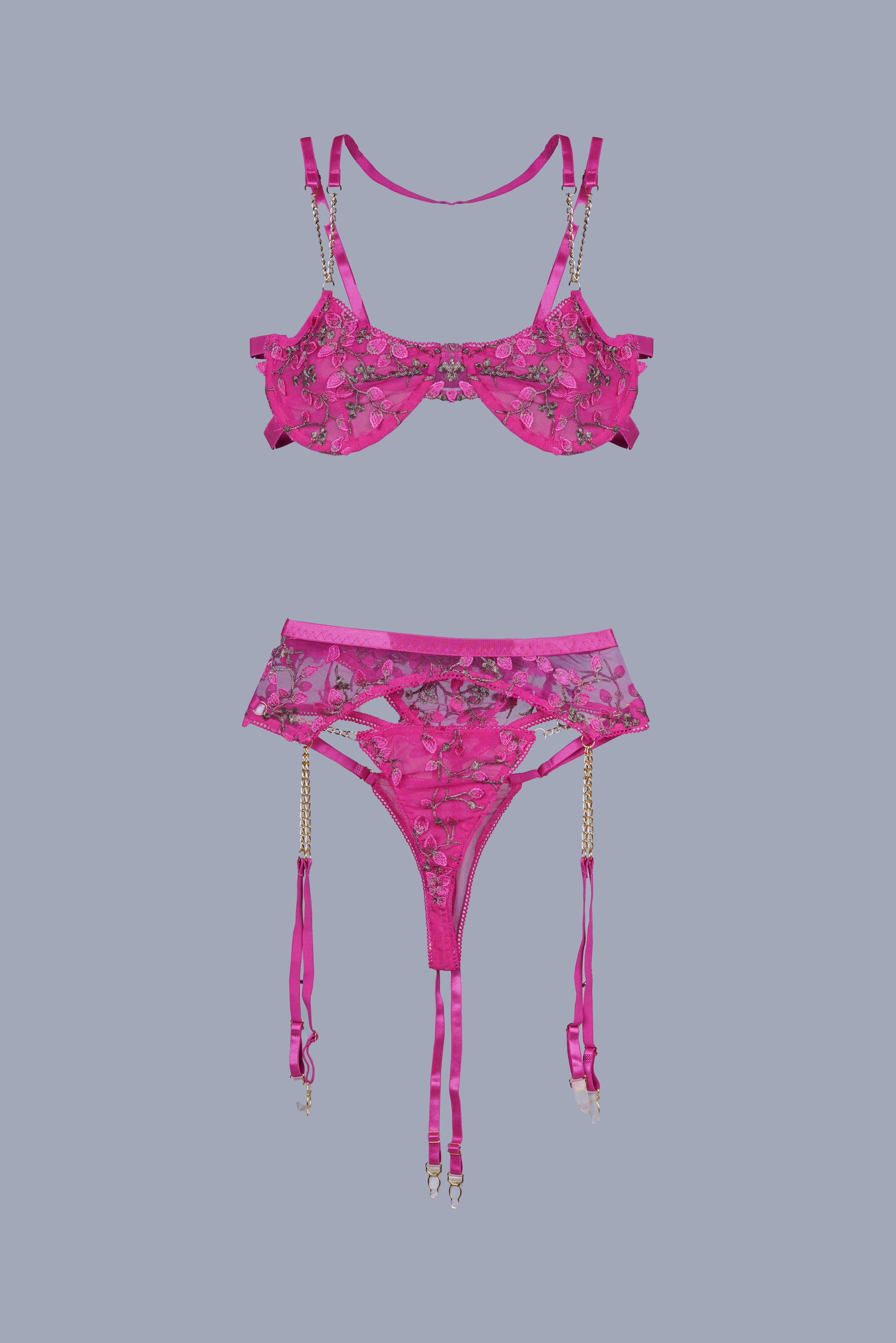 AXTZH Seductive 3-Piece Nightwear Set with Bra, Panty, and Garter Belt for an Alluring Look X0017-FUCHSIA-BS3P