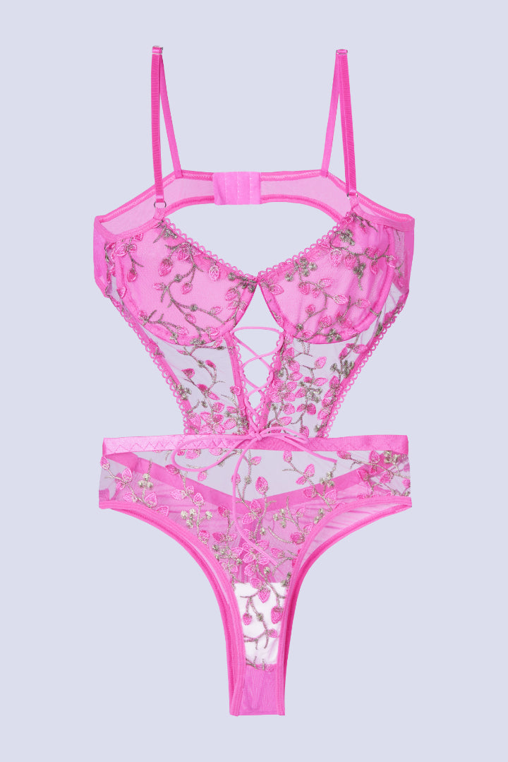 AXTZH Women’s Sexy One-Piece Nightwear with Corset Lace-Up Sides and Adjustable Straps X0010-FUCHSIA-BS1P