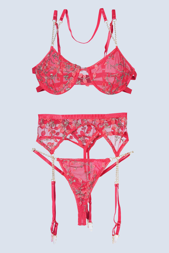AXTZH Seductive 3-Piece Nightwear Set with Bra, Panty, and Garter Belt for an Alluring Look X0017-RED-BS3P
