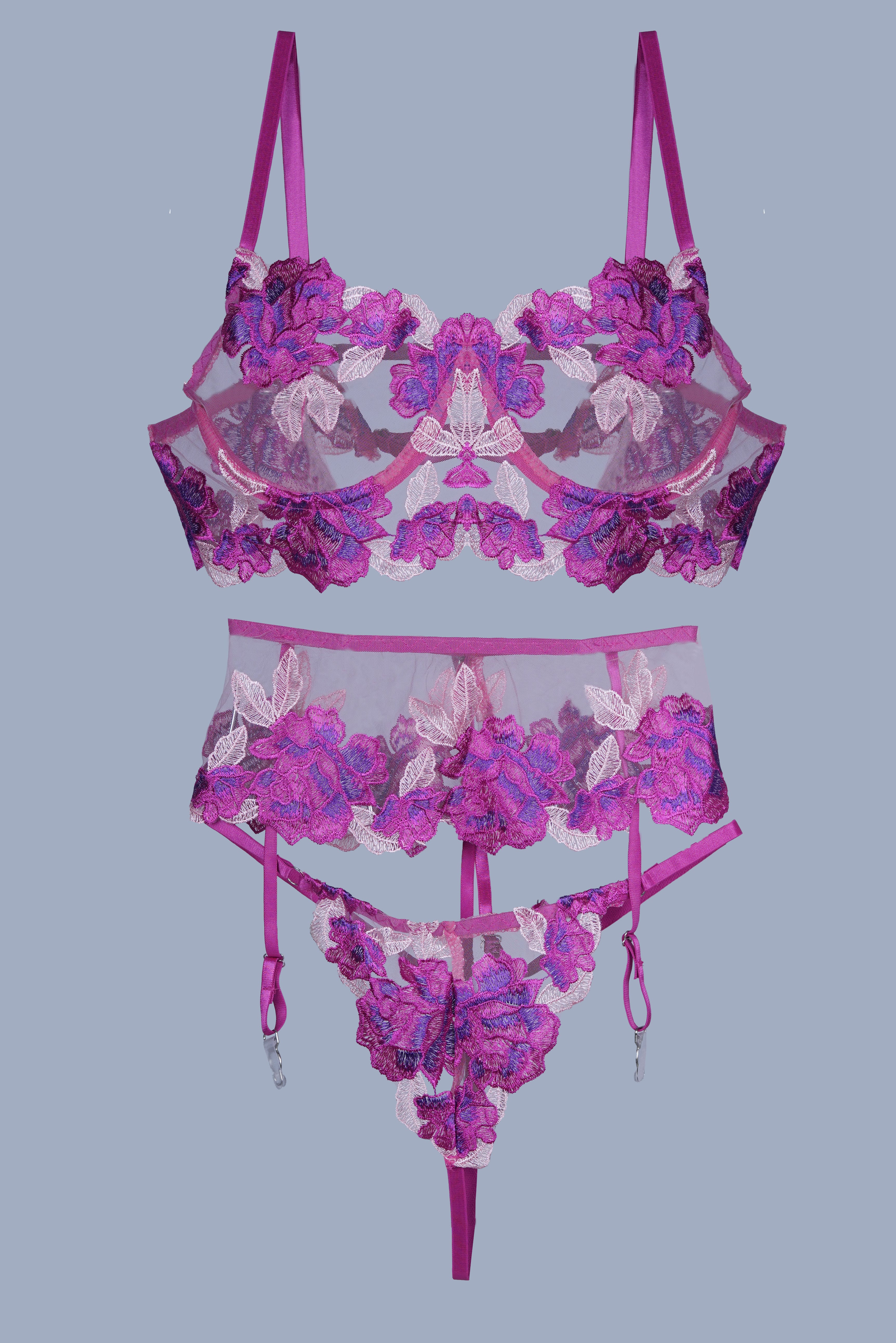 AXTZH Seductive 3-Piece Nightwear Set with Bra, Panty, and Garter Belt for an Alluring Look X0556-FUCHSIA-BS3P