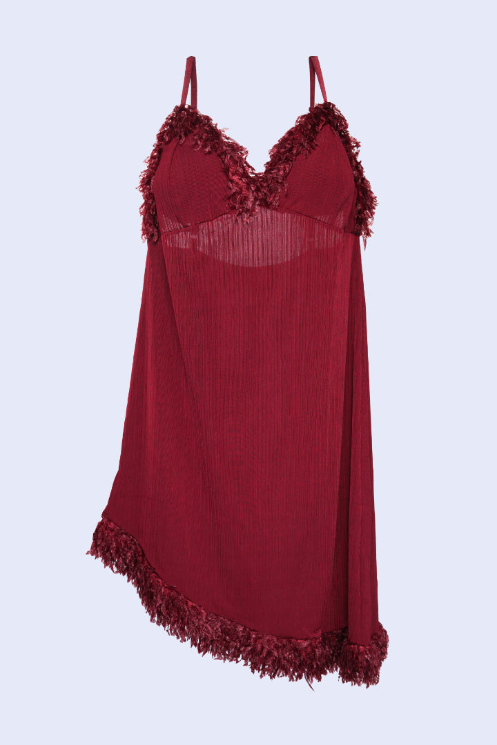 AXTZH One-Piece Sexy Nightwear for Women with Deep Neckline and Delicate Fringe Detailing X2429-MERLOT-F1L