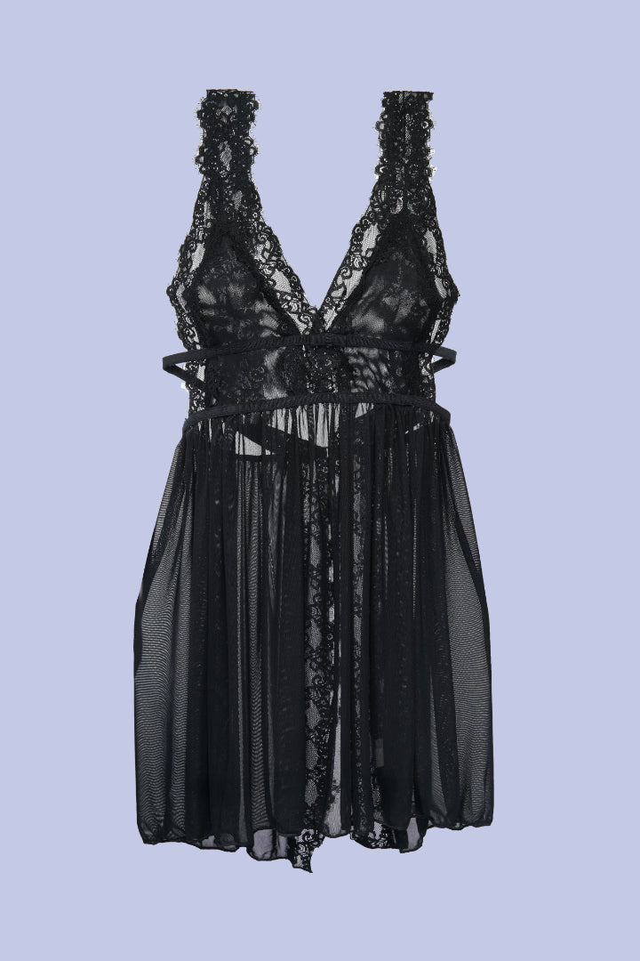 AXTZH Romantic 1-Piece Sexy Nightwear with Deep Neckline and Sheer Flowing Design for Women X9019-BLACK-SF1N