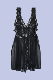 AXTZH Romantic 1-Piece Sexy Nightwear with Deep Neckline and Sheer Flowing Design for Women X9019-BLACK-SF1N