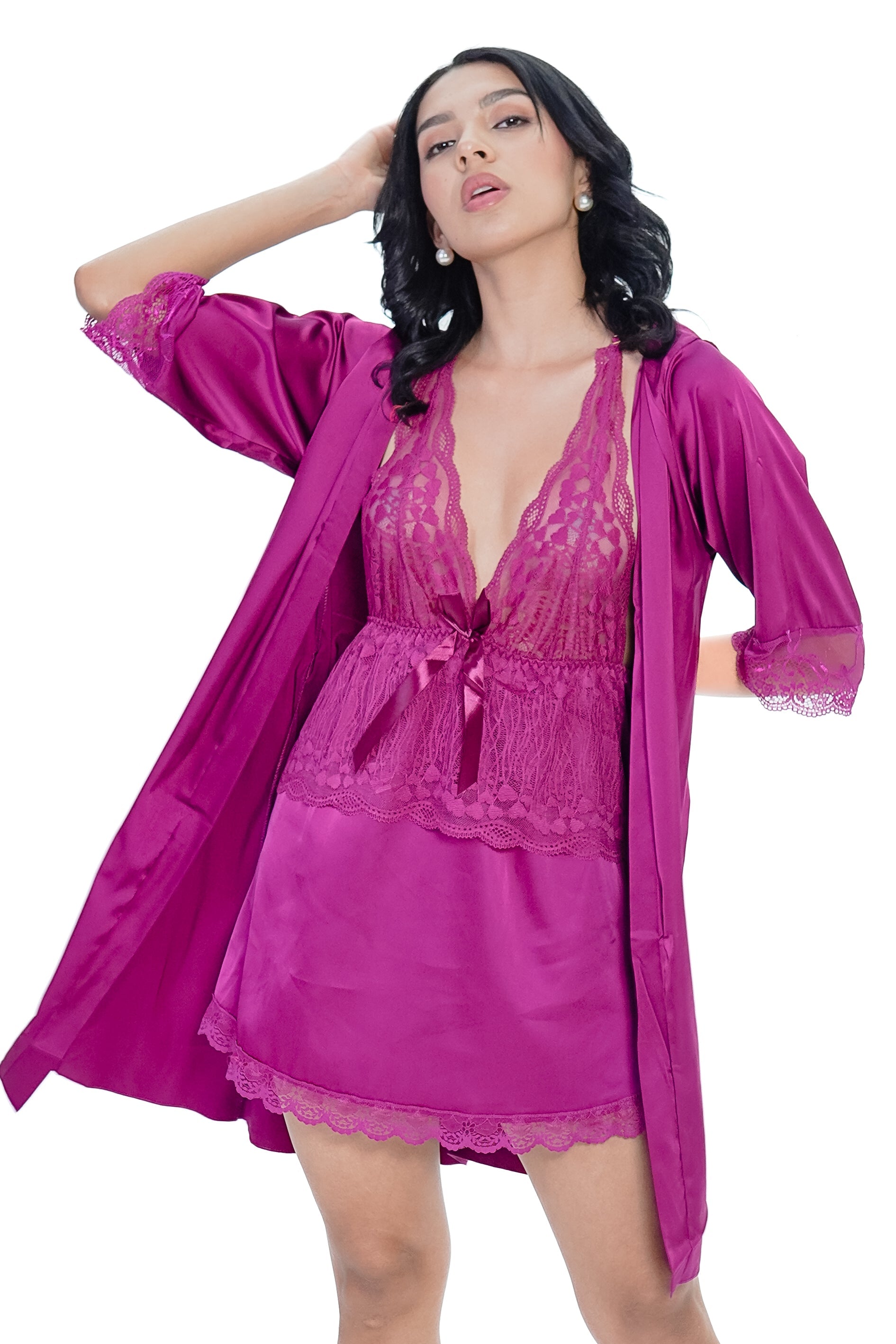 AXTZH 3-Piece Lace Trim Nightwear Set for Women X5523-CERISE-F11S