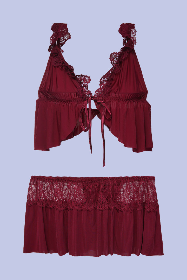 AXTZH Romantic Nightwear Set for Women with Satin Robe, Matching Slip and Innerwear X8027-MERLOT-NSS3PM